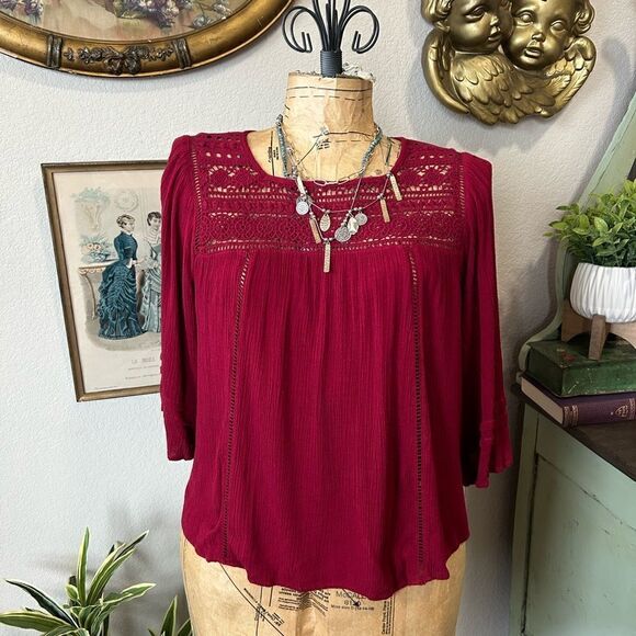 Studio Petite Maroon Eyelet Crochet Dolman Sleeve Boho Blouse sz PS - Picture 1 of 8